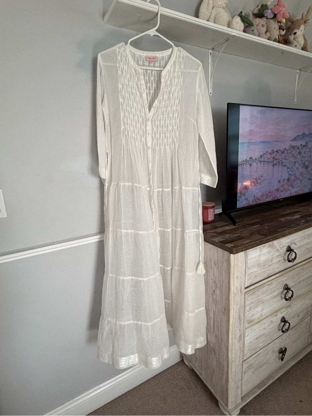 Kalyan Boho White Gauze Maxi Dress with Embroidered Yoke